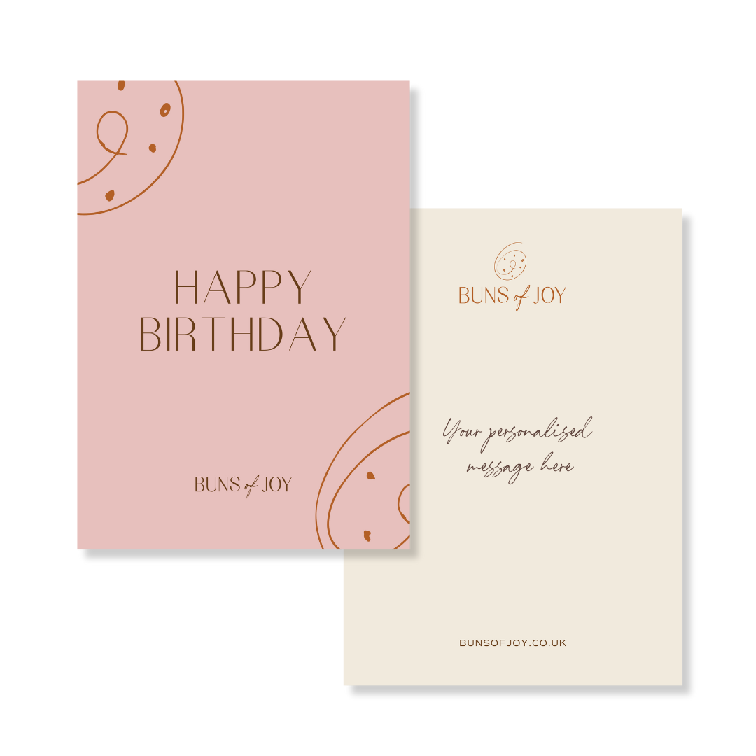 a pink happy birthday greetings card with a personalised message added on the reverse side.