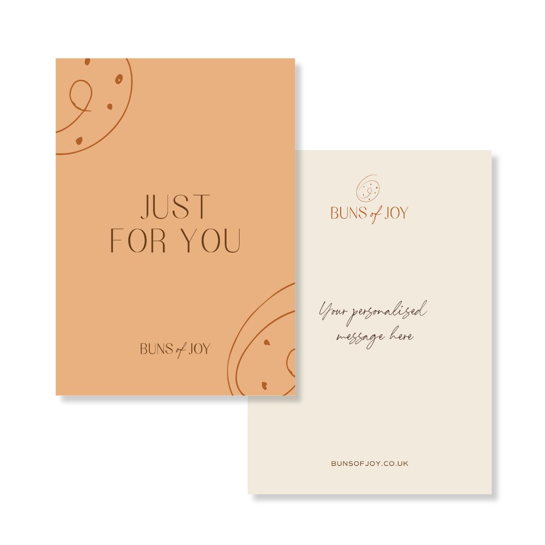 an orange colour "Just for You" greeting card with a personalised message on the reverse