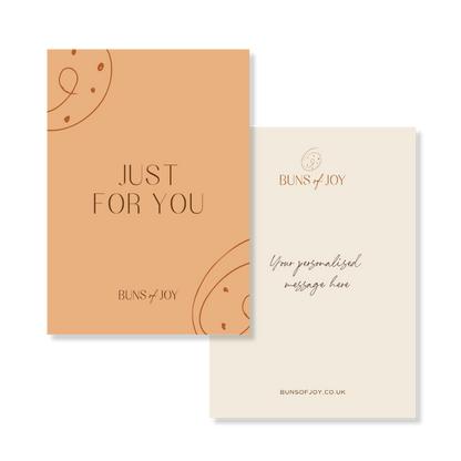 an orange colour "Just for You" greeting card with a personalised message on the reverse