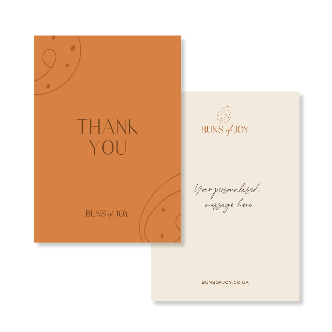 an orange colour "Thank You" greeting card with a personalised message on the reverse