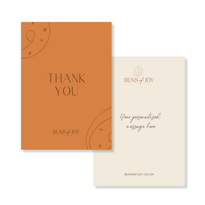 an orange colour "Thank You" greeting card with a personalised message on the reverse