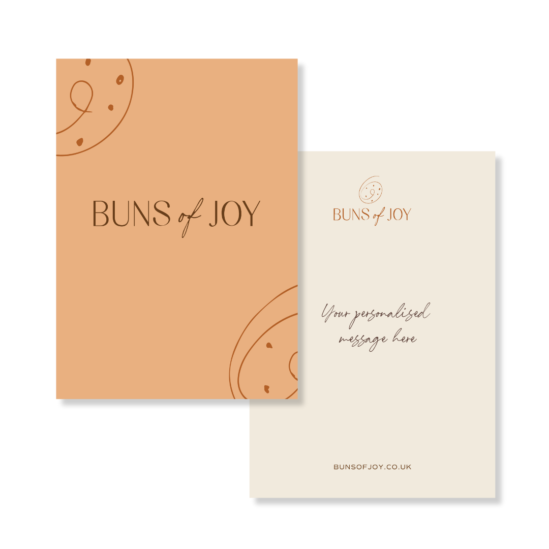 an orange colour "Buns of Joy" greeting card with a personalised message on the reverse