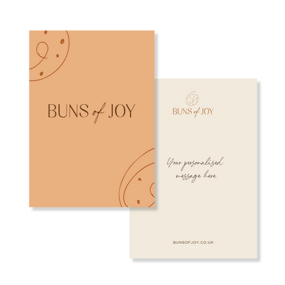 an orange colour "Buns of Joy" greeting card with a personalised message on the reverse